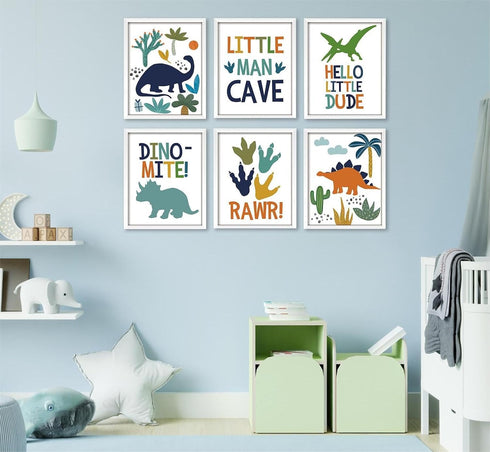 6 Pack 8x10 Inch, ArtbyHannah Dinosaur Nursery Decor,Framed Dinosaur Wall Art for Boys Room, Cute Baby Bedroom Wall