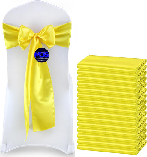 MDS Satin Chair Sashes Pack of 50 PCS, Charmeuse Sateen Dining Chair Bows, Yellow, 7 x 108 Inch for Wedding Party