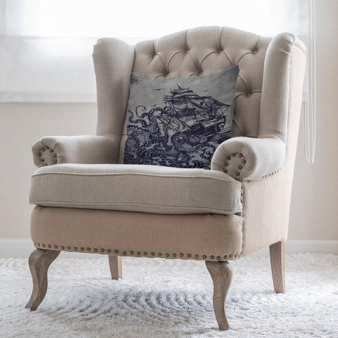 Kraken Pillow Cover Vintage Sail Boat Ocean Waves Octopus Throw Pillow Case - 18 x 18 Inch Home Textile Cotton Linen