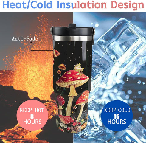 HOWSEESNOW 30oz Mushroom Tumbler with Handle and Straw, Mushroom Insulated Leak Proof Travel Coffee Mug, Reusable