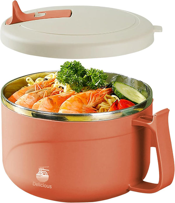 Microwave Ramen Bowl with Handles, 304 Stainless Steel Liner, Microwavable Soup Mug with Lid, 42 oz, Orange