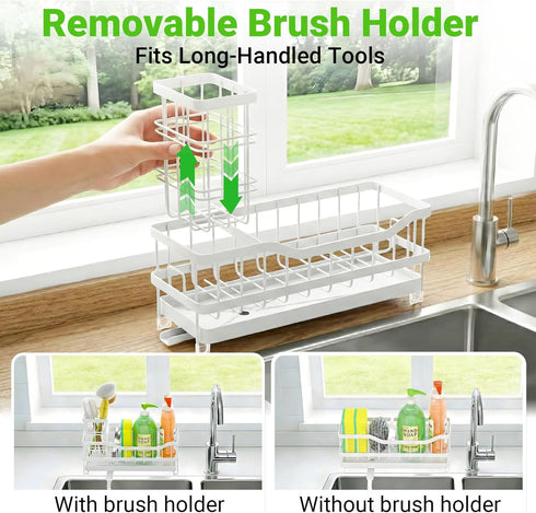 Countertop Sponge Holder for Kitchen Sink, Rustproof Sink Caddy Organizer with Dish Brush Holder, Self-Draining Kitchen