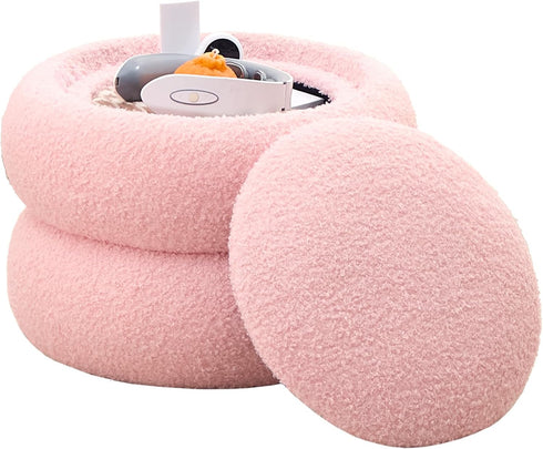 Mxfurhawa Storage Ottoman,Soft Teddy Velvet Upholstered Footrest,Mordern Round Footstool with Macaron Shape,Side