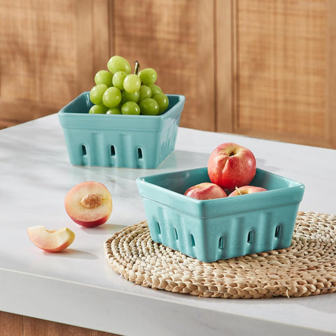 5.8" Set 2, ONEMORE Berry Basket Ceramic Berry Bowls with Holes Square Fruit Bowl Berry Colander Containers for Fridge