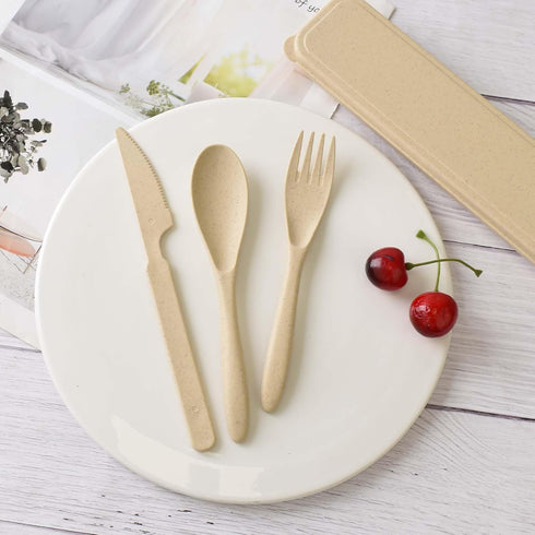 4 Pack Travel Utensil Set with Case, Wheat Straw Reusable Tableware for Camping