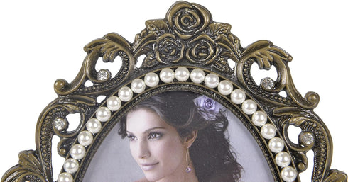 ChezMax Vintage Picture Photo Frames, 3x5 Ellipse Rose Antique Frame with Glass, Tabletop and Wall Hanging