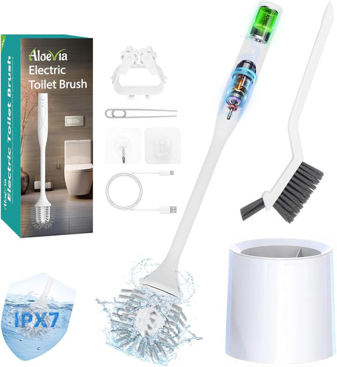 Aloevia Electric Toilet Brush with Holder, Ultra Quiet & Powerful Scrubbing, IPX7 Waterproof