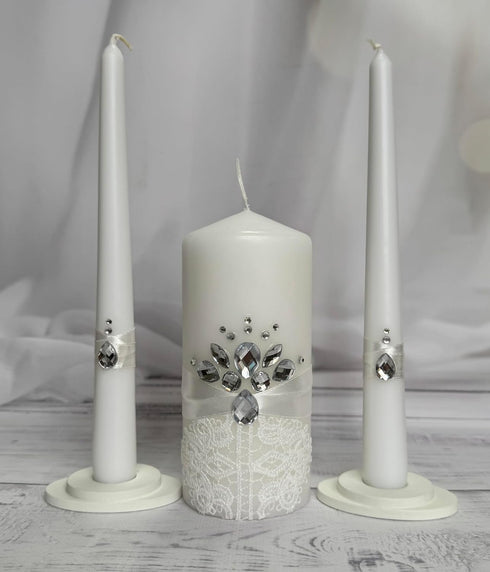 Unity Candle Set for Wedding Ceremony & Reception – 6” Pillar & Two 10” Taper Candles – Handmade in USA, White