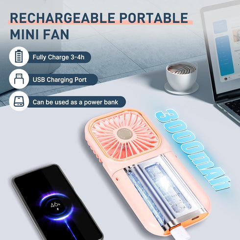 FADACHY Portable Handheld Fan with Power Bank, Mini Fan 3000mAh USB Phone Holder, Rechargeable Pink Lovely Design