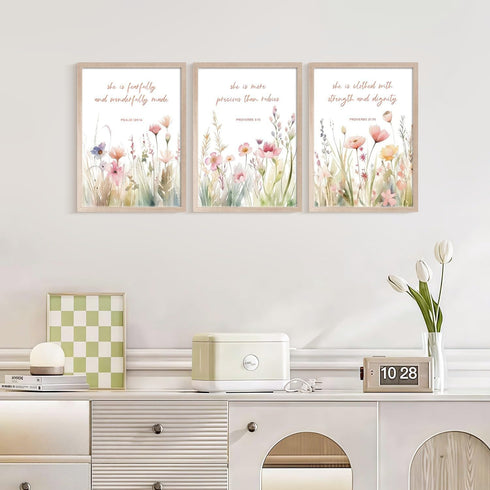 3Pcs 12x16in Christian Floral Scripture Canvas Wall Art, Wildflower Bible Verse Posters Wall Decor, Psalm Religious