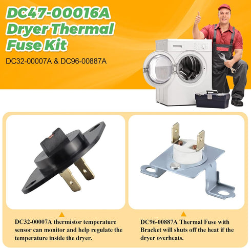 DC47-00016A Dryer Thermal Fuse Kit by Techecook - Replacement for Samsung Dryer with Thermostat and Thermistor