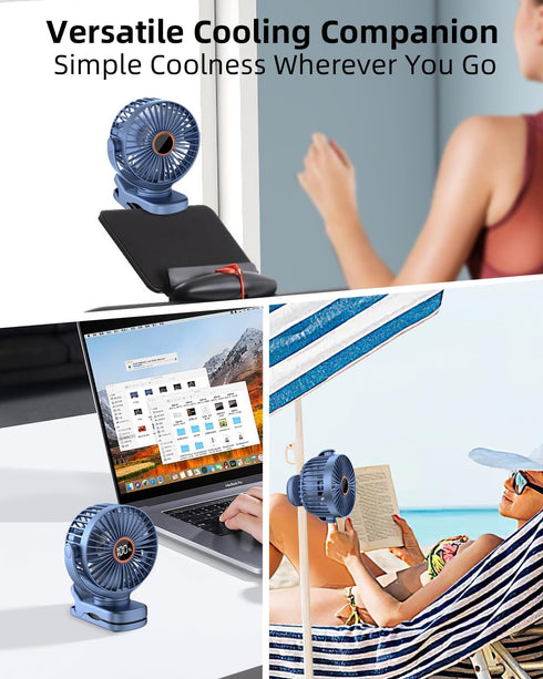 3.5" Rechargeable Clip On Fan Small Portable with Strong Clamp Grip, 3-Speed & LED Display, Blue