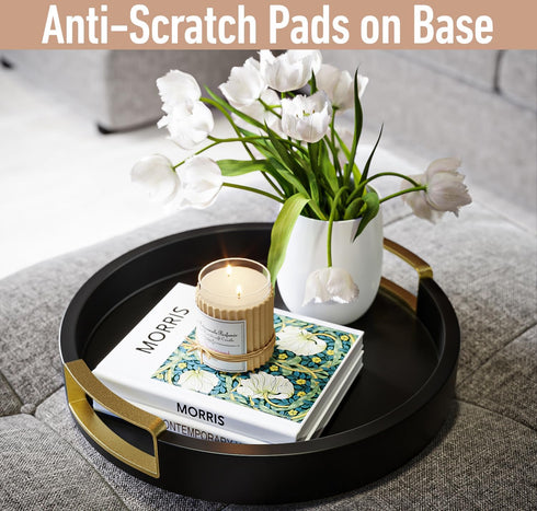 12 Inch Round Decorative Tray - Round Black Tray with Gold Metal Handles - Stain Resistant Serving Trays for Decor