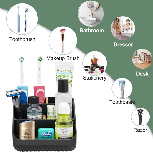 Bamboo Toothbrush Holders Bathroom Countertop Organizer, 6 Slots Toothbrush Caddy for Kids Family Vanity Storage (Black)