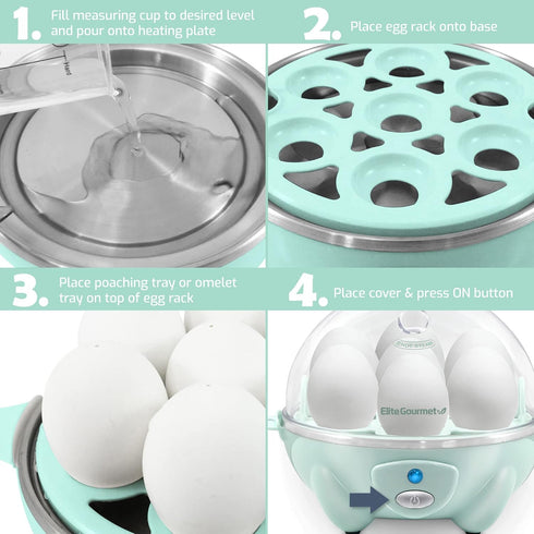 Elite Gourmet Electric Egg Cooker: 7 Egg Capacity Soft, Medium, Hard-Boiled Poacher with Auto Shut-Off and Buzzer
