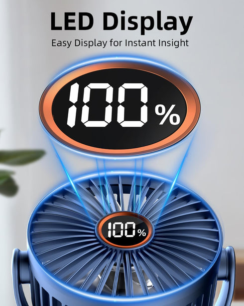 3.5" Rechargeable Clip On Fan Small Portable with Strong Clamp Grip, 3-Speed & LED Display, Blue