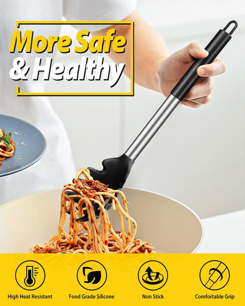 Silicone Pasta Fork and Ladle Spoon Set - Large Non Stick Kitchen Utensils for Cooking, Stirring & Serving