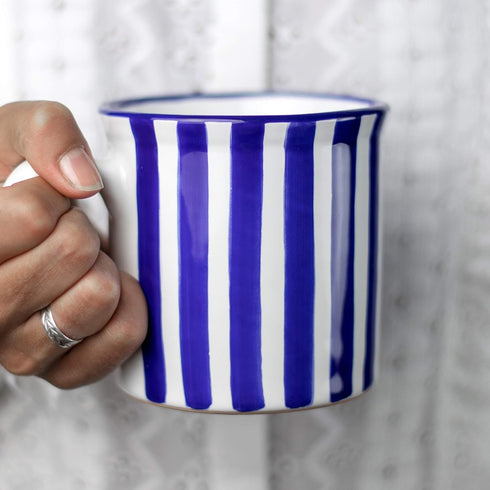 City to Cottage Handmade Dark Navy Blue Stripe Ceramic Extra Large Mug, 17.5oz/500ml for Hot Chocolate, Coffee
