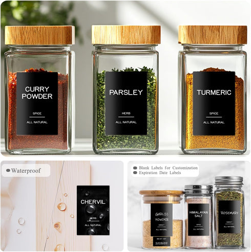 Kuocodall 201 Spice Jar Labels - Black Preprinted Minimalist Waterproof Stickers for Kitchen Jars, Herb & Seasoning
