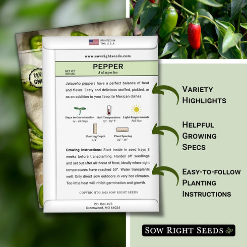 Packet (3) Sow Right Seeds - Jalapeno Pepper Seed for Planting - Non-GMO Heirloom with Instructions to Plant an Outdoor