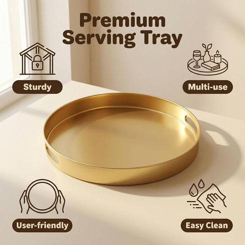 13" Spsyrine Round Gold Decorative Tray, Plastic Serving Table Tray with Handles for Ottoman, Coffee Table, Bathroom