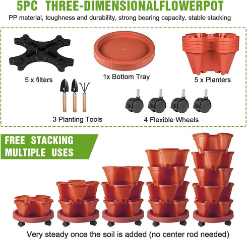 5 Vertical Strawberry Planter Tier Stackable Tower Herb Planters Stacking Outdoor Garden Planters Pot With Tools Mover