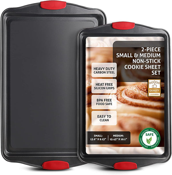 Baking Sheet Set - 2-Piece Cookie Sheet Set with Silicone Handles, Nonstick Steel Baking Pans