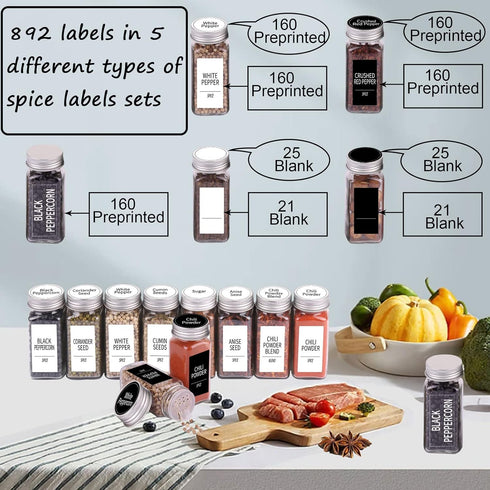 SWOMMOLY 892 Spice Jar Labels in 5 Different Types of Spice Labels with Chalk Marker Set.800 Printed Spice Labels with 92 Extra Write-on Labels Stickers for DIY, Waterproof & Tear-Resistant.