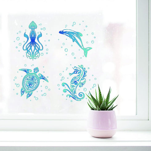 GORGECRAFT 4PCS 6.3” Sea Turtles Window Clings, Static Sea Animal Glass Decals for Bathroom Film