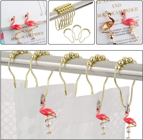 Set of 12 Flamingo Shower Curtain Hooks, Decorative Stainless Steel Rustproof Rings for Bathroom