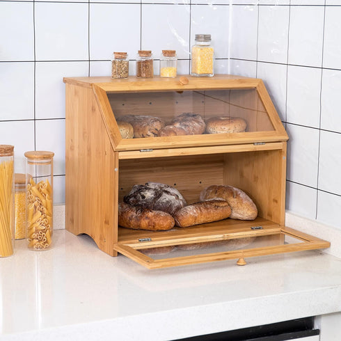 Counter, HOMEKOKO Double Layer Large Bread Box for Kitchen Wooden Large Capacity Bread Storage Bin (Natural Bamboo)