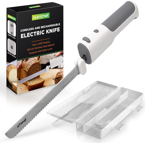 NutriChef Cordless Electric Knife | Lightweight with Contoured Grip Handle | Carve Turkey, Meats, Bread, Cheese & More