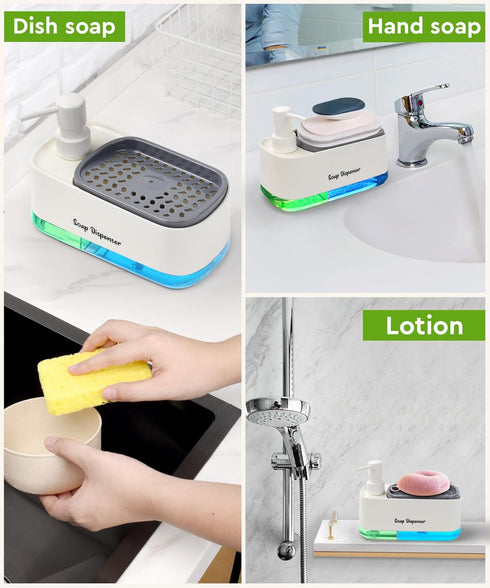 Hand and Dish Soap Dispenser Set, Dual Soap Pump with Sponge Holder for Kitchen Sink, 3-in-1 Gadgets - White