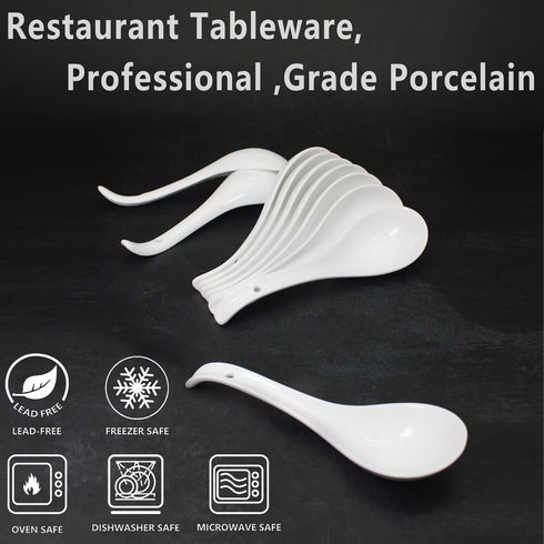 Bright White 6.7 Inch Asian Soup Spoons Set of 10, Ultra-fine Porcelain Tablespoon for Ramen, Pho, Cereal