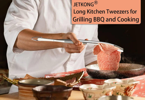 JETKONG 2 Pcs 12'' Curved Kitchen Tweezers: Stainless Steel Professional Chef Tongs for Cooking, BBQ (Silver)