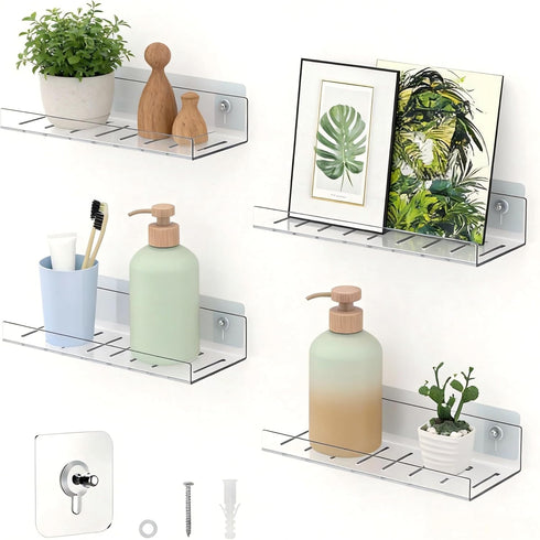 LAZYROSY 4 Pack Floating Shelves Clear Acrylic/PET Wall-Mounted No Drill Storage with