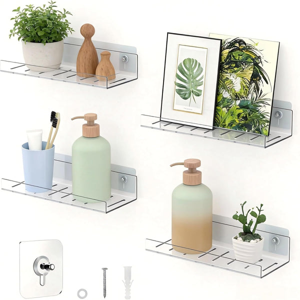 LAZYROSY 4 Pack Floating Shelves Clear Acrylic/PET Wall-Mounted No Drill Storage with