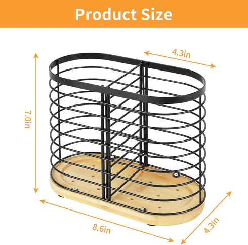 Utensil holder for Kitchen Counter- Large Utensils Holder For Farmhouse Cooking 8.7" x 4.3" x 6.9" with Wooden Base Matte Black Cooking Utensil Holder Spatula Holder Utensil Caddy
