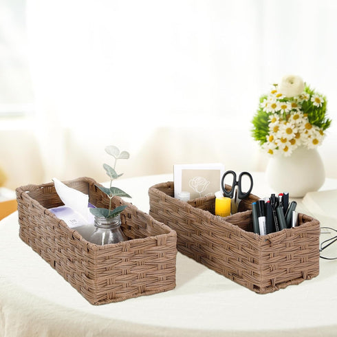 DULLEMELO Small Bathroom Basket, Wicker Toilet Tank Organizer, Set of 2 Waterproof Baskets for Organizing