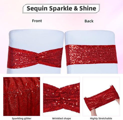 Poise3EHome Red Sequin Chair Sashes, Folding Chair Covers Bow for Wedding Party Reception Decorations, 10 PCS