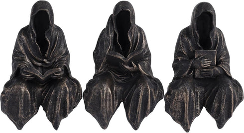2.95" Mini Reading Statue Bookshelf Figure Set of 3,Gothic Grim Reaper Statue,Mystery