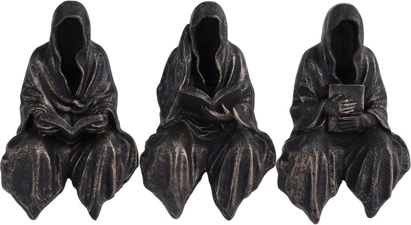 2.95" Mini Reading Statue Bookshelf Figure Set of 3,Gothic Grim Reaper Statue,Mystery