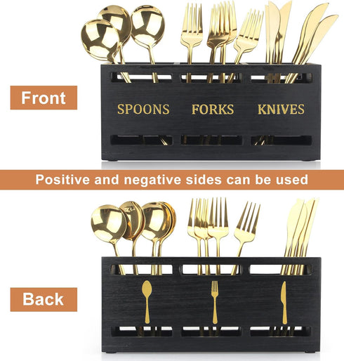 Ayiaren Wooden Cutlery Silverware Holder, Black Utensil Caddy for Kitchen Counter, Tabletop Organizer for Parties