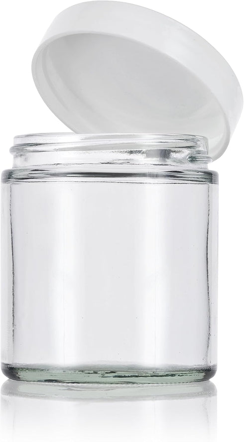 4 oz / 120 ml Clear Thick Glass Straight Sided with White Smooth Lid, 12 pack + Small Glass Balm Jar