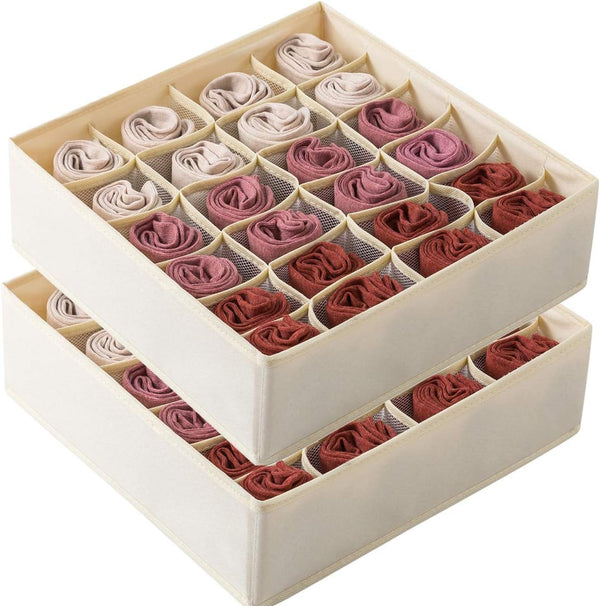 Qozary 2 Pack Socks Underwear Drawer Organizer, 24 Cell or 16 Cell Collapsible Storage Boxes