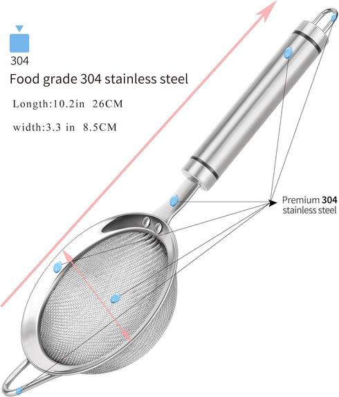304 Stainless Steel Fine Mesh Strainers for Kitchen, Colander-Skimmer with Handle, Sieve Sifters for Food, Tea, Rice