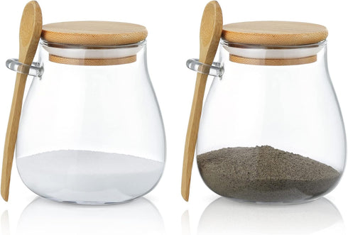 Joeyan Glass Jar with Airtight Bamboo Lid, 12 oz Salt Sugar Spice Container, Set of 2 for Kitchen Countertop