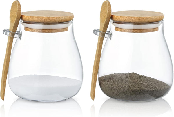 Joeyan Glass Jar with Airtight Bamboo Lid, 12 oz Salt Sugar Spice Container, Set of 2 for Kitchen Countertop