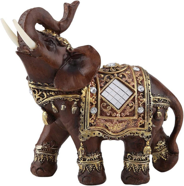 Feng Shui Wood Grain Elephant Statue 5.5" - Thai Elephant with Trunk Up - Collectible Figurine for Home Decor