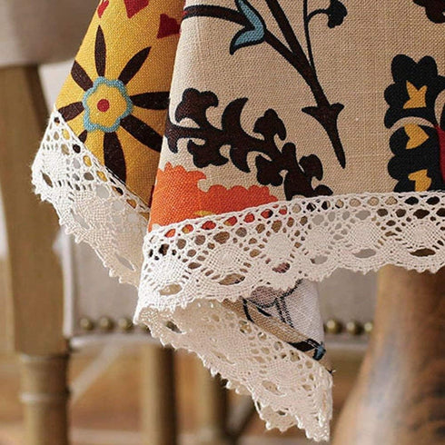 55 79 Inch LeLehome Elome X Oblong Bohemian Sunflower Tablecloth, Vintage Flowers Cotton Linen Lace Dinner Picnic